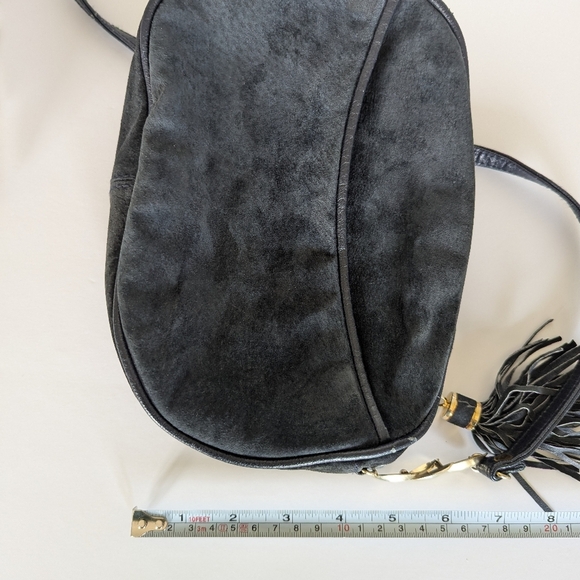 Navy Suede Purse Crossbody Bag with outside pocket with gold accents - Picture 6 of 9